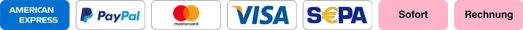 Bezahlung möglich mit PayPal, Mastercard, Visa, SEPA, Sofort, Rechnung